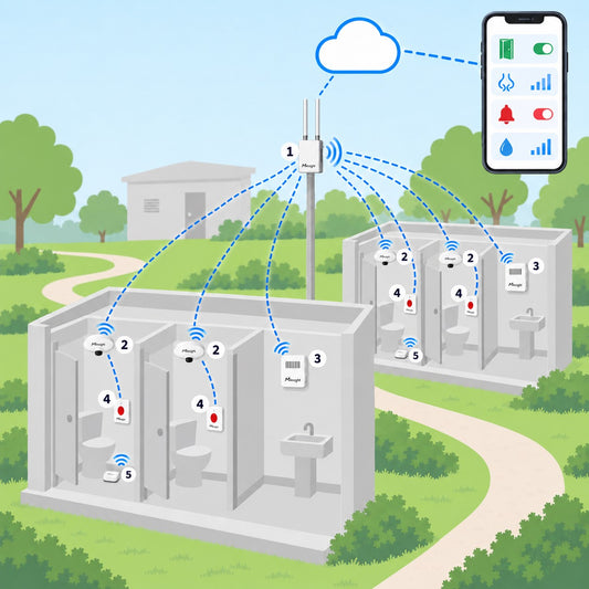 Kit bagni pubblici e parchi Litio Store: schema di installazione con dispositivi Milesight LoRaWAN