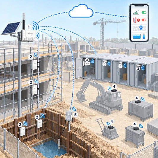 Kit cantiere edile Litio Store: schema di installazione con dispositivi Milesight LoRaWAN