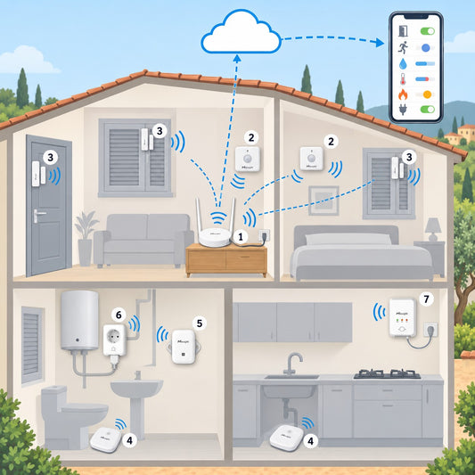 Kit casa vacanze non presidiata Litio Store: schema di installazione con dispositivi Milesight LoRaWAN