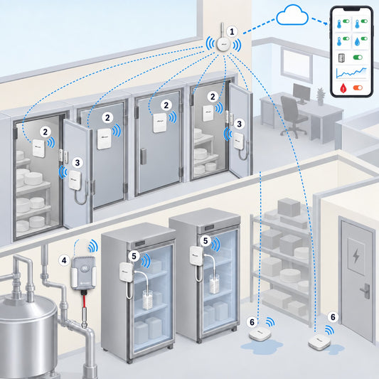 Kit caseificio e stagionatura Litio Store: schema di installazione con dispositivi Milesight LoRaWAN