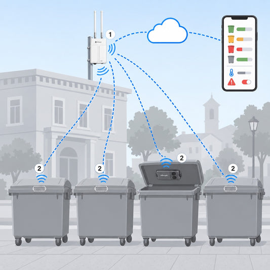 Kit cassonetti 30 contenitori Litio Store: schema di installazione con dispositivi Milesight LoRaWAN