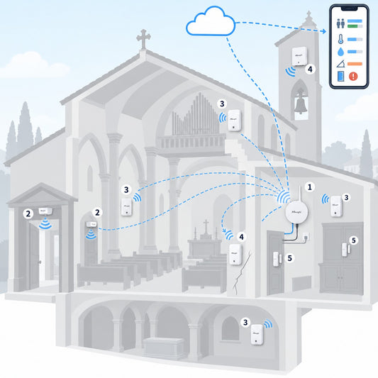Kit chiese e luoghi di culto Litio Store: schema di installazione con dispositivi Milesight LoRaWAN
