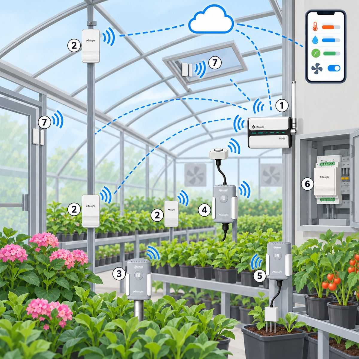 Kit clima serra e vivaio Litio Store: schema di installazione con dispositivi Milesight LoRaWAN