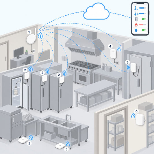 Kit cucina professionale Litio Store: schema di installazione con dispositivi Milesight LoRaWAN