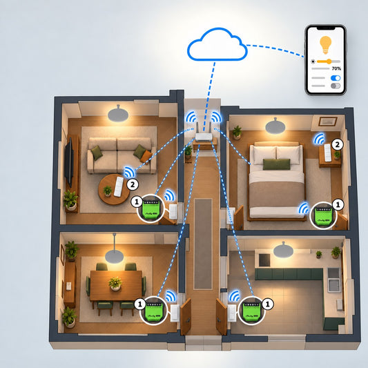 Kit dimmer LED Shelly Gen3 per 4 stanze: schema di installazione