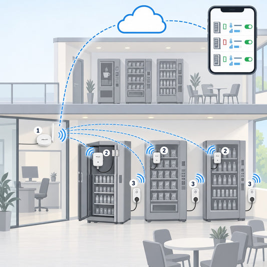Kit distributori automatici Litio Store: schema di installazione con dispositivi Milesight LoRaWAN