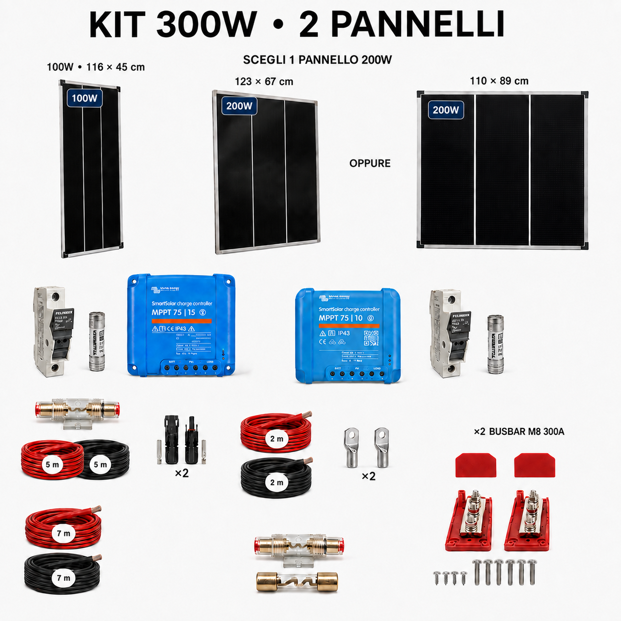 Kit fotovoltaico 12V 300W con badge 100W e 200W sui pannelli