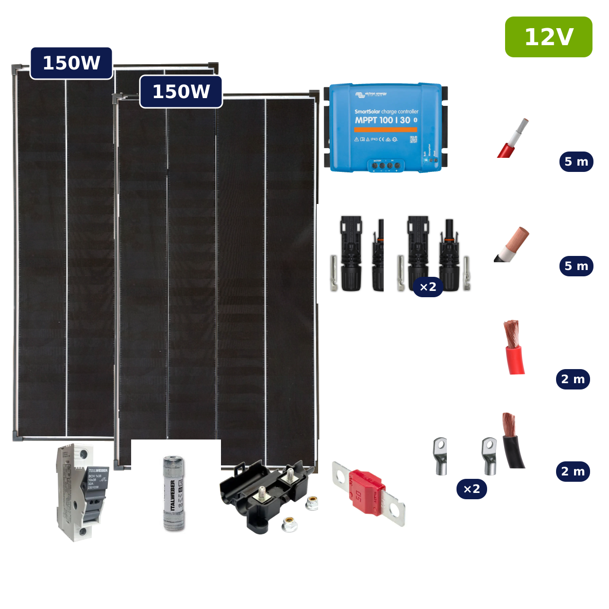 Kit fotovoltaico per batterie 12V 300W con due pannelli 150W in serie, SmartSolar 100/30 e badge verde 12V