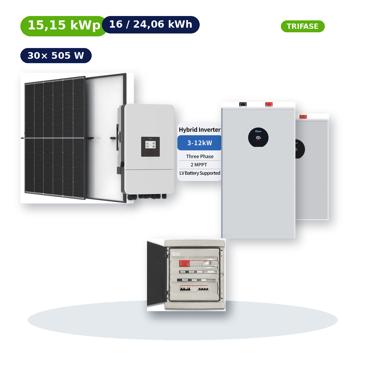 Kit Fotovoltaico Deye 15,15 kWp con Accumulo 16–24,06 kWh – Ibrido 10 kW Trifase