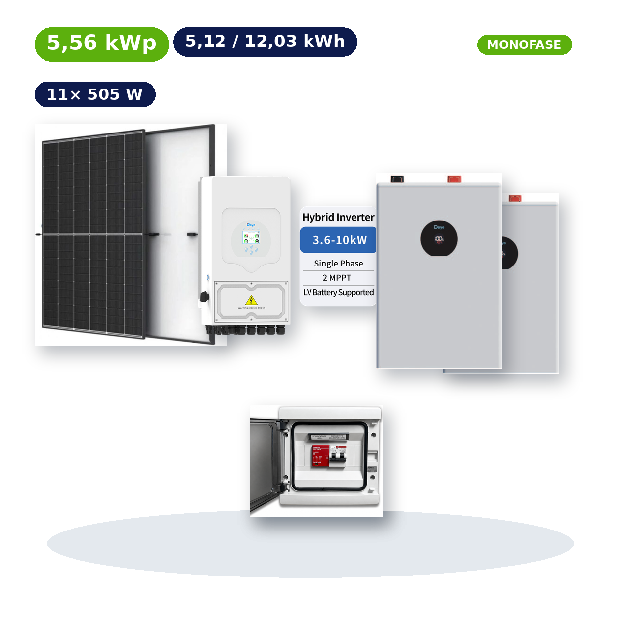 Kit Fotovoltaico Deye 5,56 kWp con Accumulo 5,12–12,03 kWh – Ibrido 3,6 kW Monofase