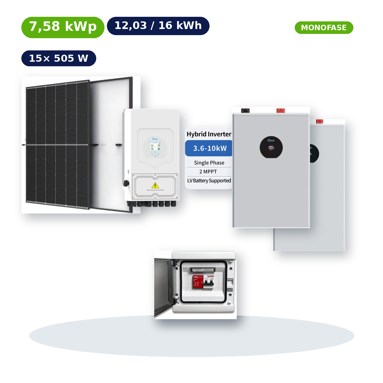 Kit Fotovoltaico Deye 7,58 kWp con Accumulo 12,03–16 kWh – Ibrido 5 kW Monofase