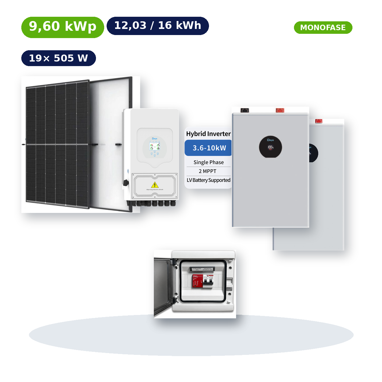 Kit Fotovoltaico Deye 9,60 kWp con Accumulo 12,03–16 kWh – Ibrido 6 kW Monofase