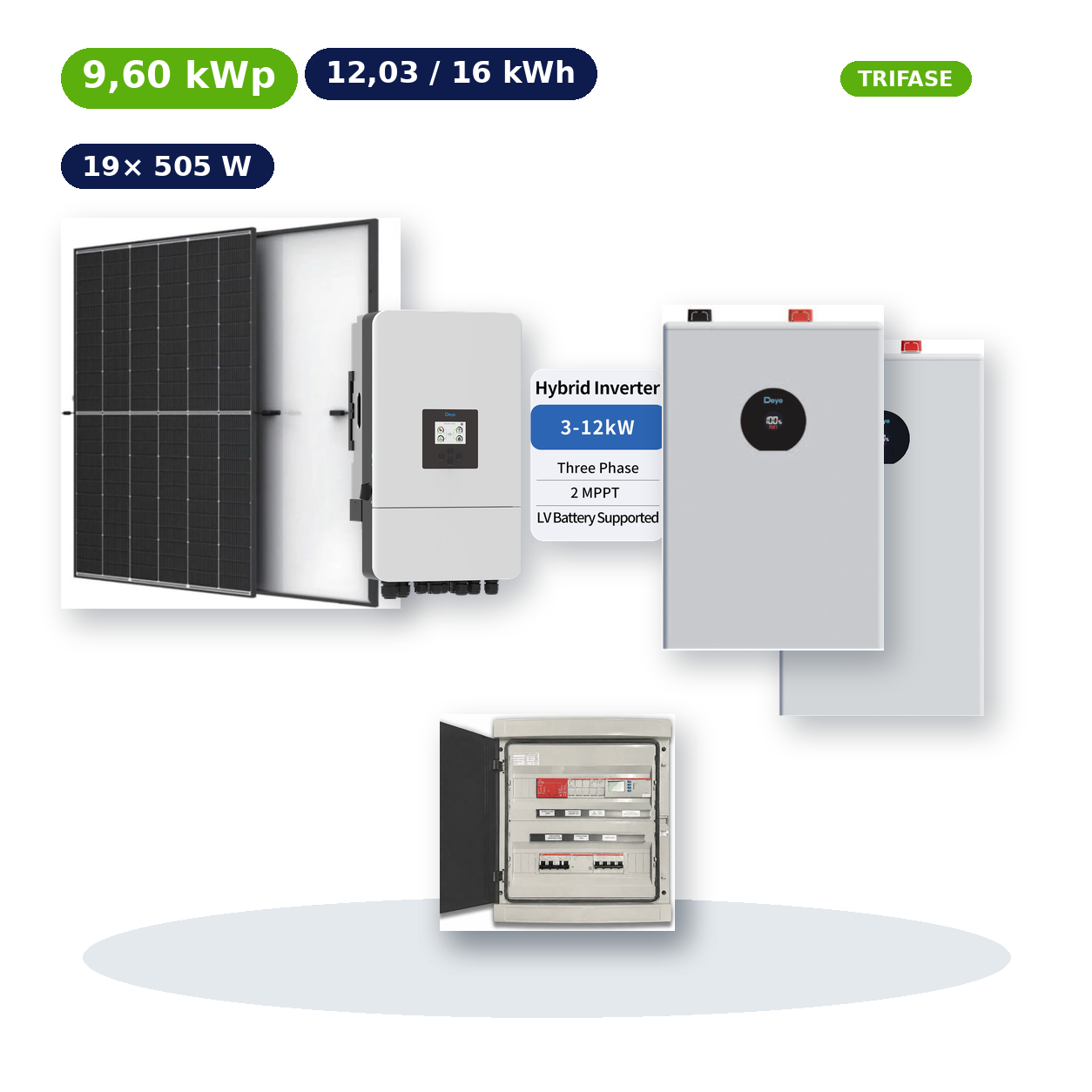 Kit Fotovoltaico Deye 9,60 kWp con Accumulo 12,03–16 kWh – Ibrido 6 kW Trifase