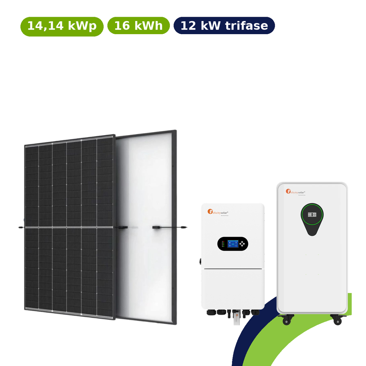 Kit fotovoltaico Felicity 14,14kWp con accumulo 16kWh – ibrido 12kW trifase