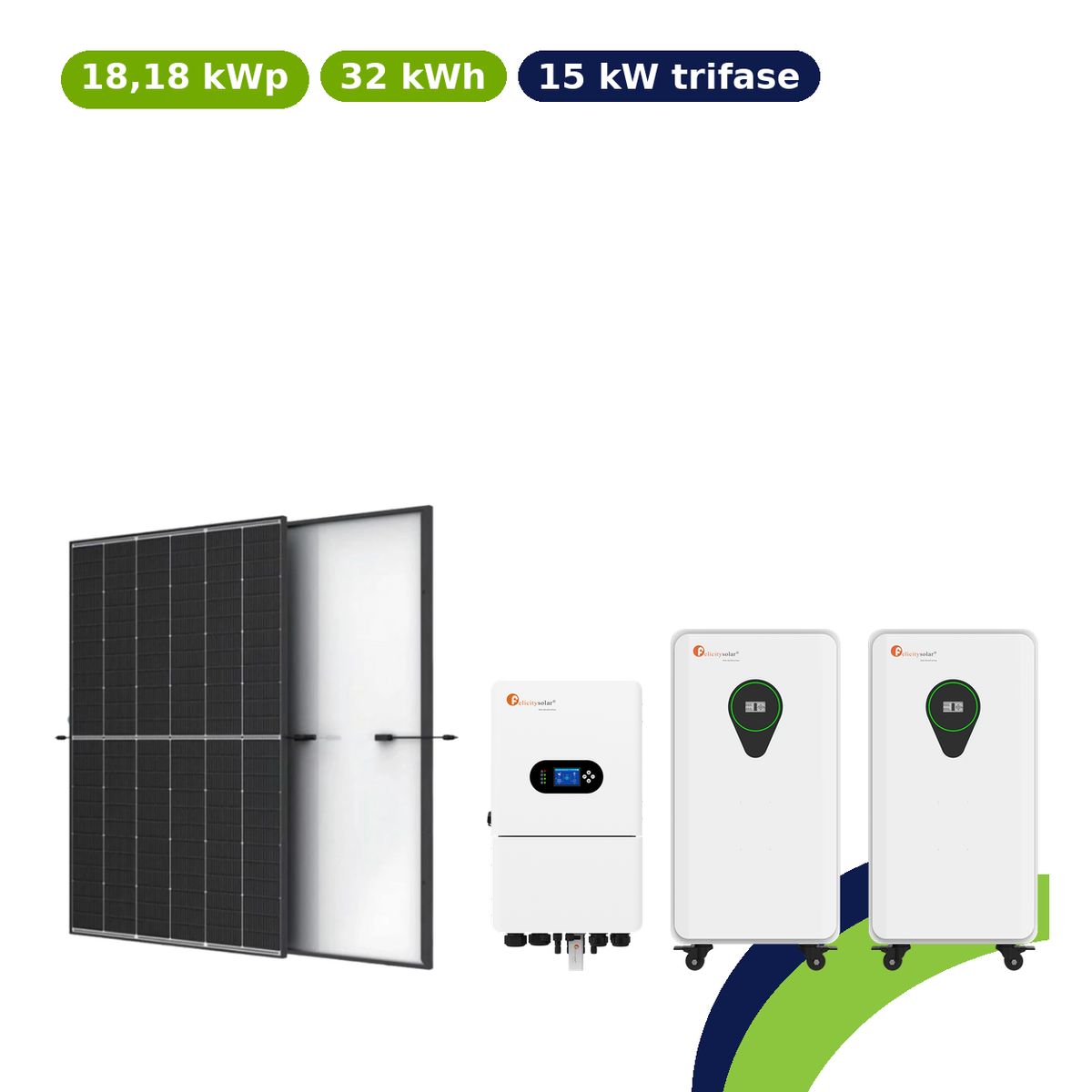 Kit fotovoltaico Felicity 18,18kWp con accumulo 32kWh – ibrido 15kW trifase