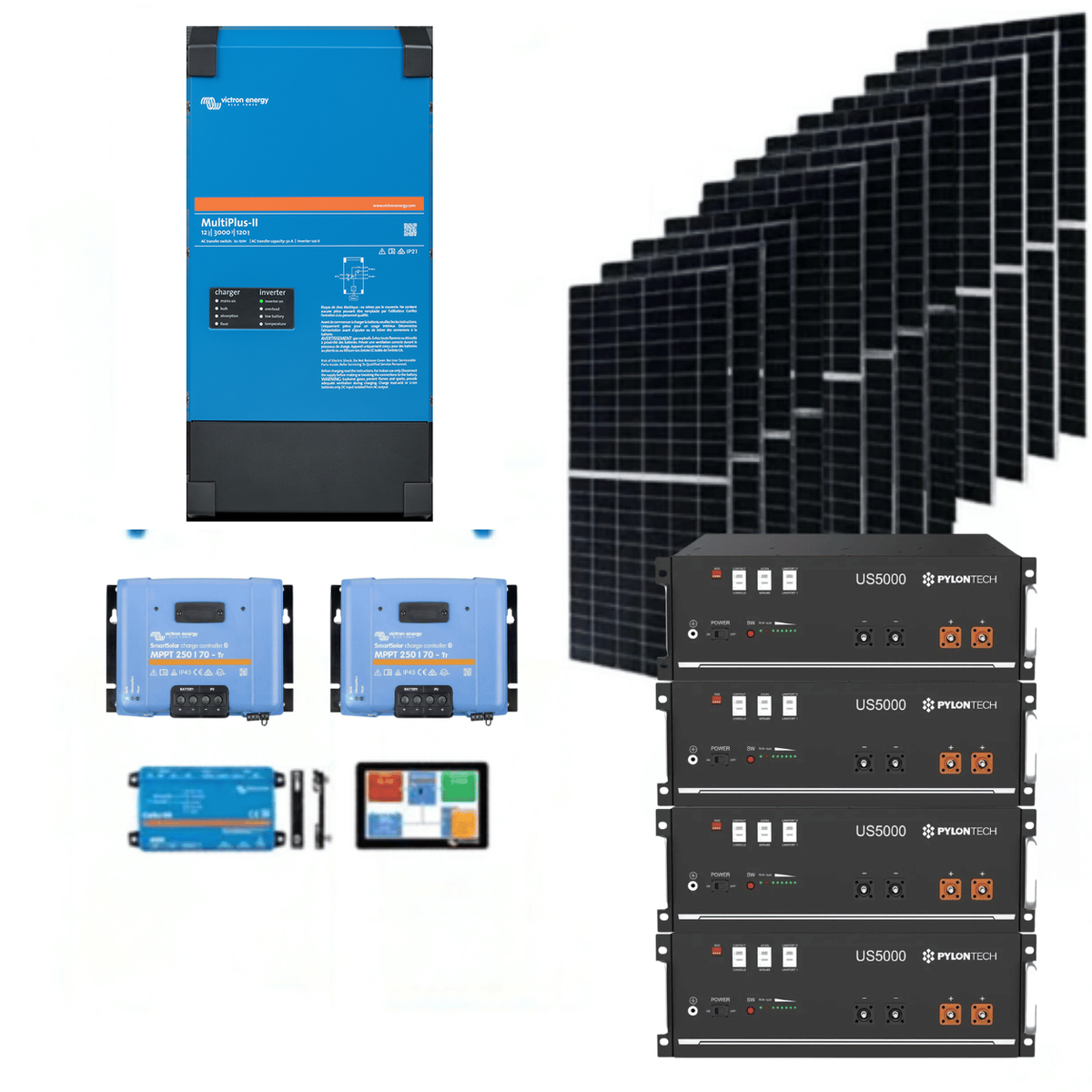 Kit Fotovoltaico Off-Grid 19,2kWh batteria 10kVA inverter caricabatterie 8,19kW pannelli solari 585W WiFi Victron Energy MultiPlus-II Pylontech