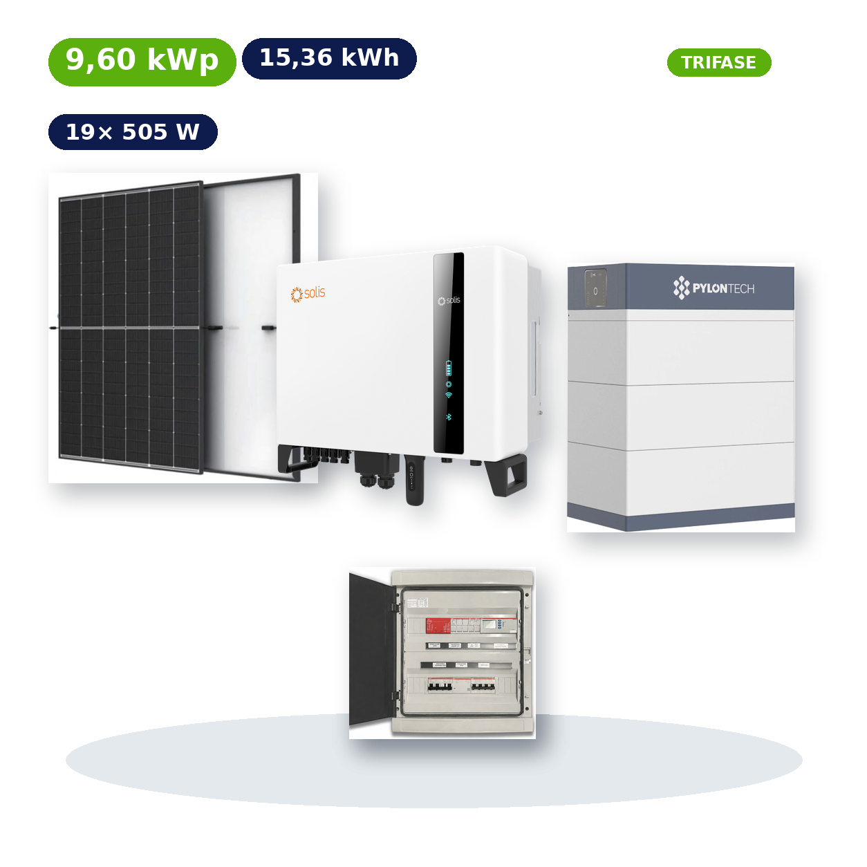 Kit Fotovoltaico Solis 9,60 kWp con Accumulo Pylontech Force H3 15,36 kWh – Ibrido 6 kW Trifase