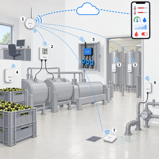 Kit frantoio oleario Litio Store: schema di installazione con dispositivi Milesight LoRaWAN