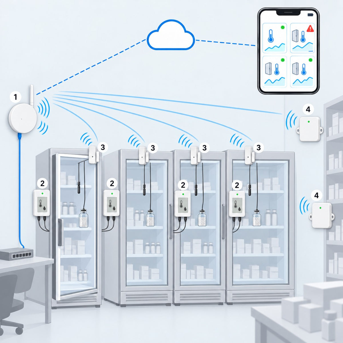 Kit frigo farmaci e vaccini Litio Store: schema di installazione con dispositivi Milesight LoRaWAN