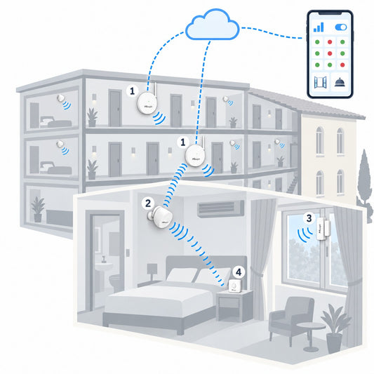 Kit hotel 30 camere Litio Store: schema di installazione con dispositivi Milesight LoRaWAN