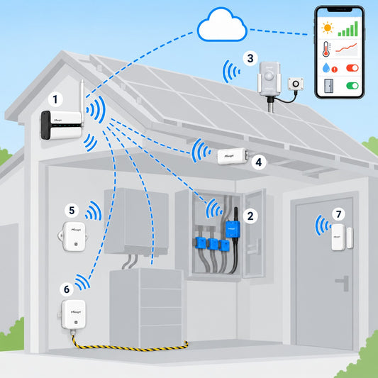 Kit impianto fotovoltaico: produzione e locale inverter Litio Store: schema di installazione con dispositivi Milesight LoRaWAN
