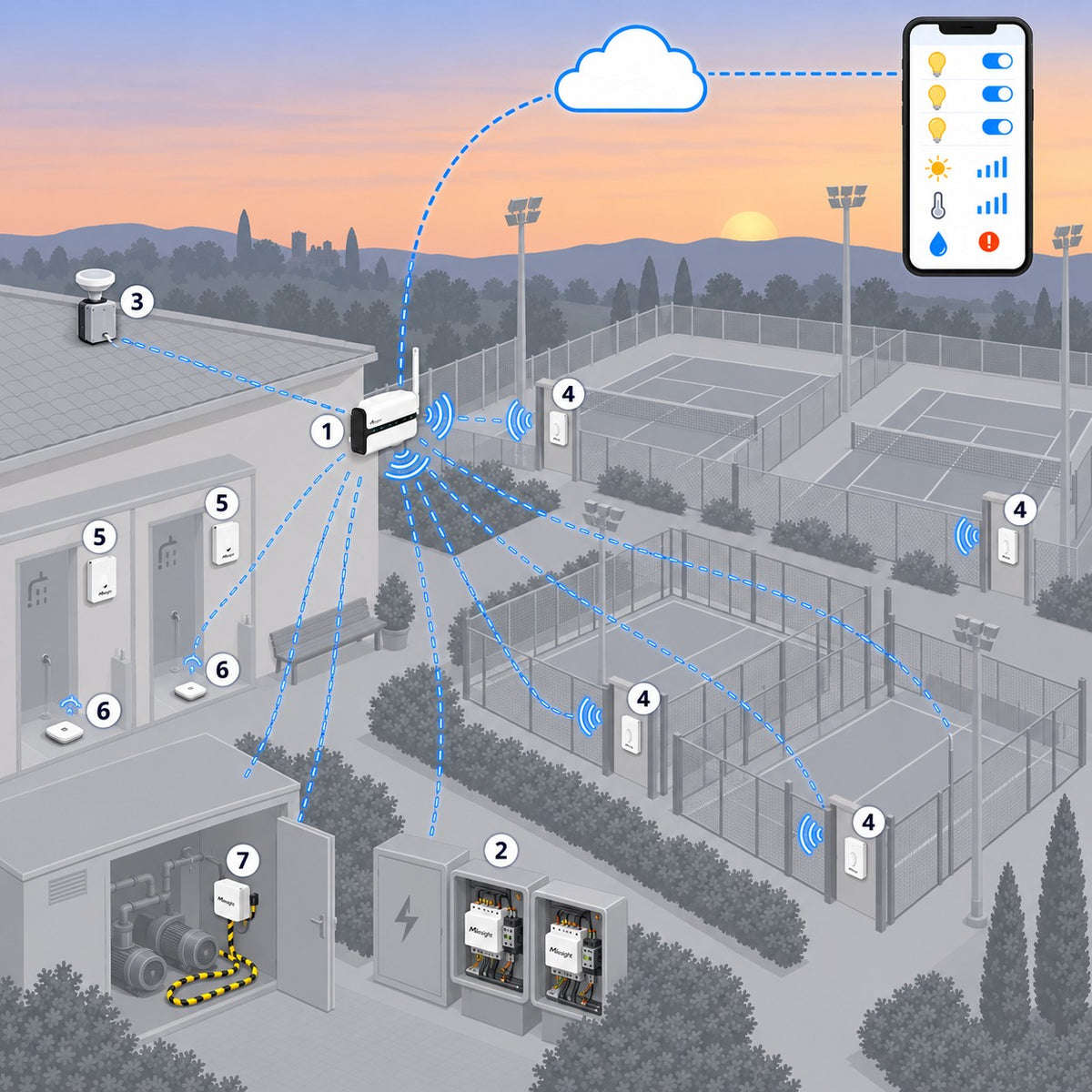Kit impianto sportivo outdoor Litio Store: schema di installazione con dispositivi Milesight LoRaWAN