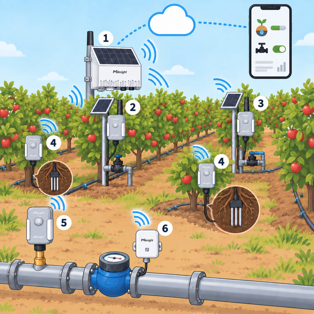 Kit irrigazione a comando remoto Litio Store: schema di installazione con dispositivi Milesight LoRaWAN