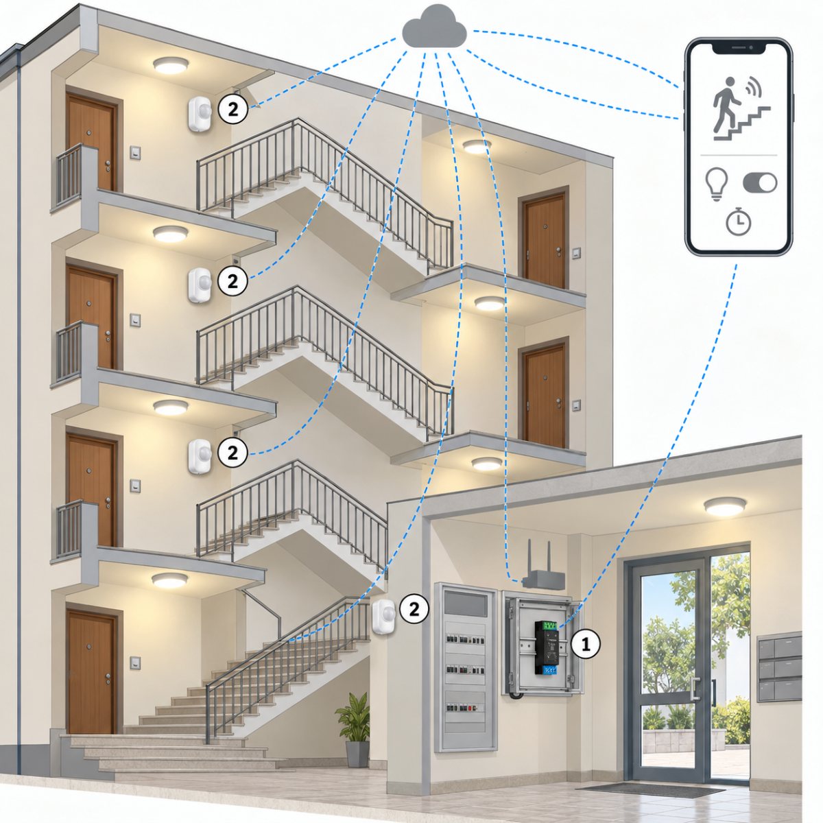 Kit luci scale condominiali con presenza: schema di installazione dei dispositivi