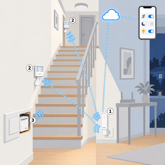 Kit luci scale e corridoio con presenza Aqara: schema di installazione