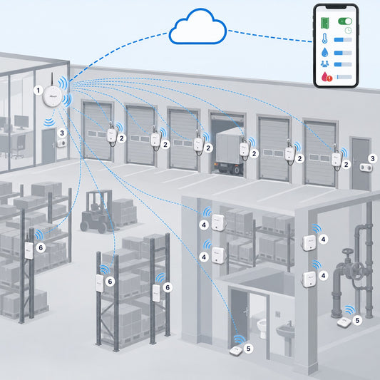 Kit magazzino baie e scaffalature Litio Store: schema di installazione con dispositivi Milesight LoRaWAN