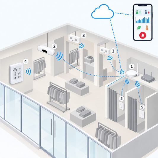 Kit negozio affluenza e conversione Litio Store: schema di installazione con dispositivi Milesight LoRaWAN