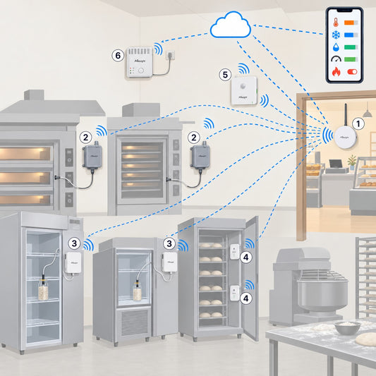 Kit panificio e laboratorio di pasticceria Litio Store: schema di installazione con dispositivi Milesight LoRaWAN