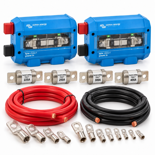 Kit protezioni batteria Class T: due Victron Lynx Class-T Power In, fusibili Blue Sea Class T 225-400A, cavi di potenza e capicorda