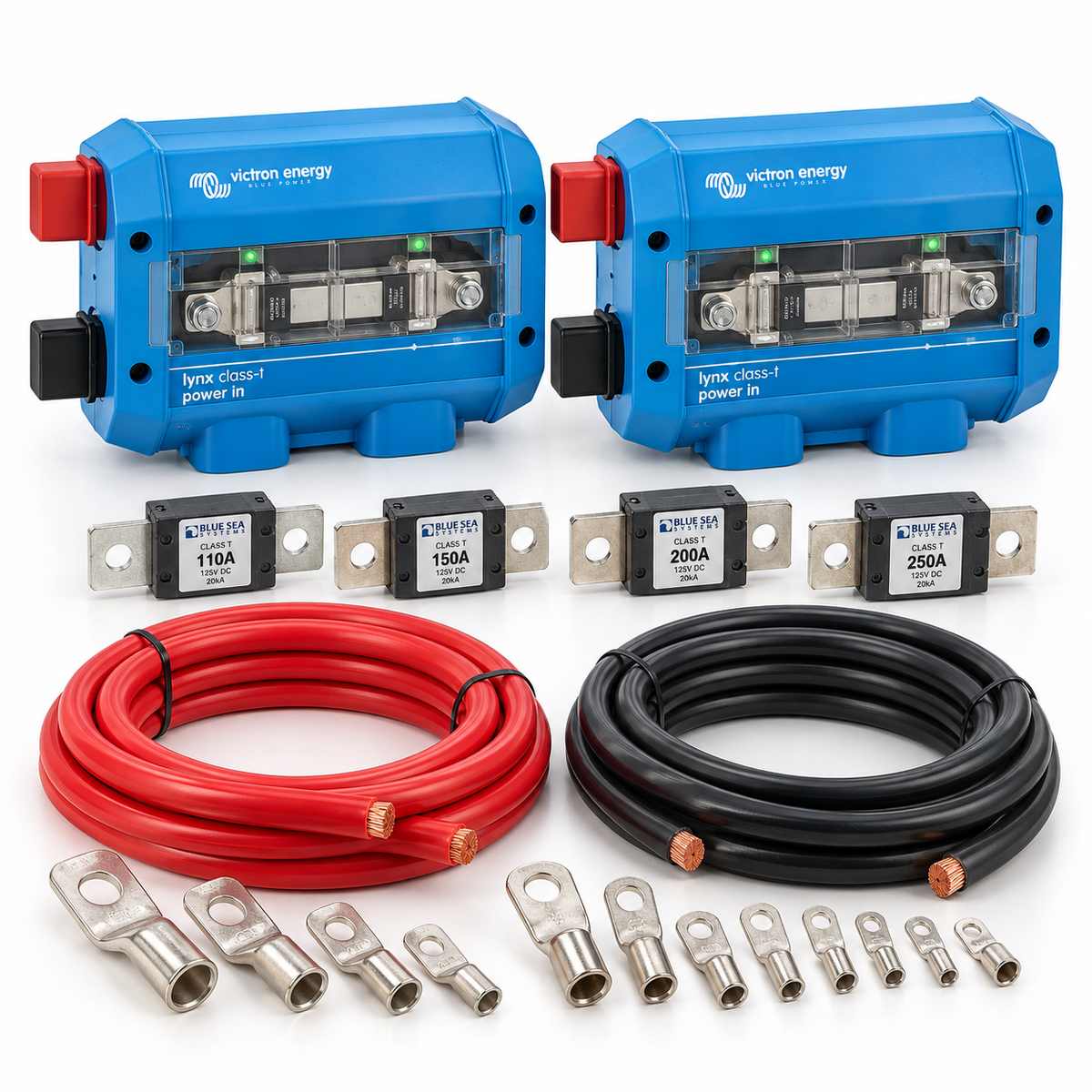 Kit protezioni batteria Class T: due Victron Lynx Class-T Power In, fusibili Class T, cavi di potenza e capicorda