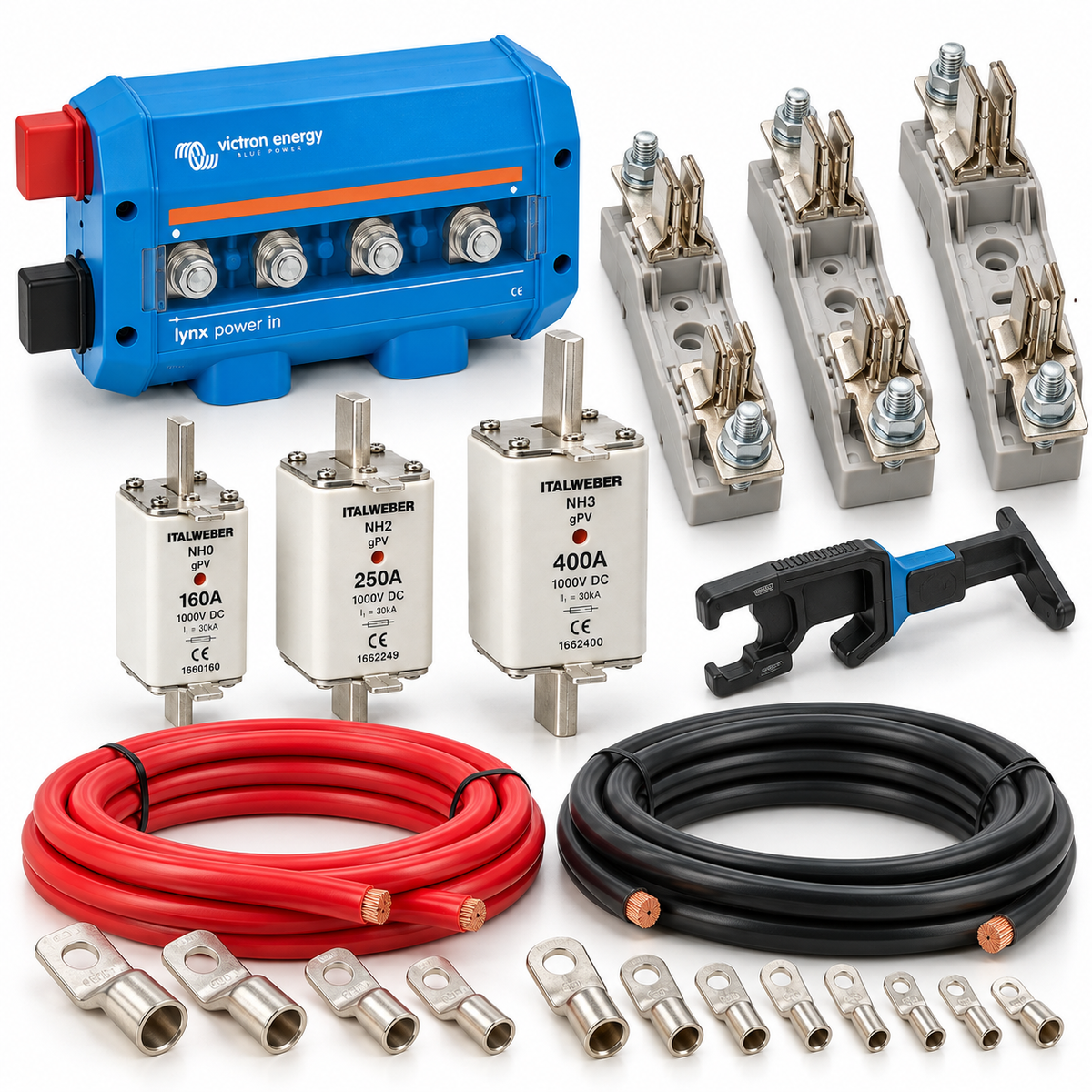 Kit protezioni batteria NH: barra Victron Lynx Power In, basi portafusibili NH, fusibili NH gPV, maniglia, cavi e capicorda