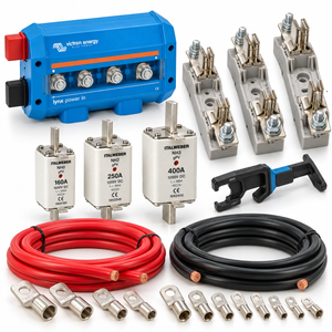 Kit protezioni batteria NH: barra Victron Lynx Power In, basi portafusibili NH, fusibili NH gPV, maniglia, cavi e capicorda