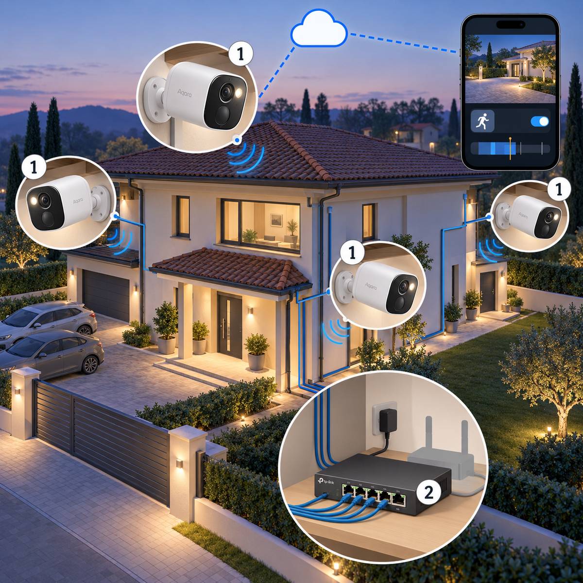 Kit quattro telecamere Aqara G5 Pro PoE: schema di installazione