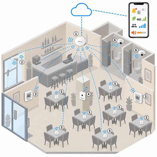 Kit sala ristorante Litio Store: schema di installazione con dispositivi Milesight LoRaWAN