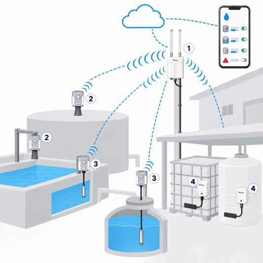 Kit serbatoi e cisterne 6 punti Litio Store: schema di installazione con dispositivi Milesight LoRaWAN