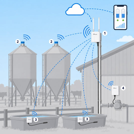 Kit silos mangime e abbeverate Litio Store: schema di installazione con dispositivi Milesight LoRaWAN