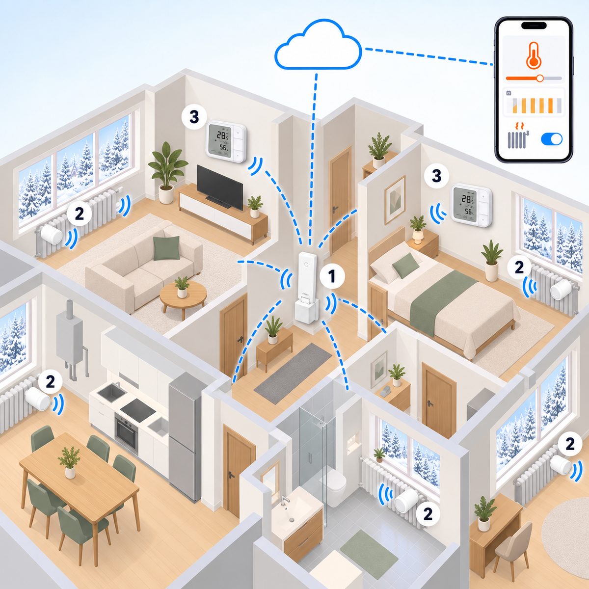 Kit termovalvole Aqara W600 (6 radiatori): schema di installazione