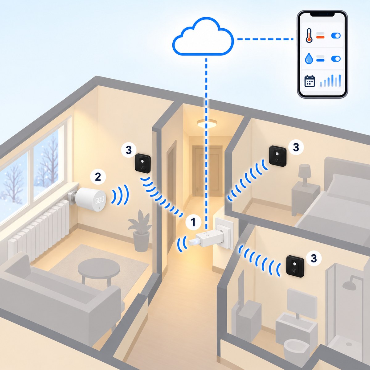 Kit termovalvole Shelly BLU senza hub: schema di installazione