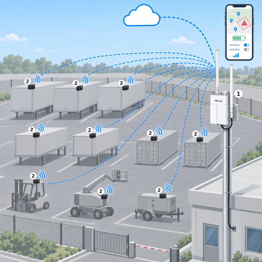 Kit tracciamento asset e mezzi di piazzale Litio Store: schema di installazione con dispositivi Milesight LoRaWAN