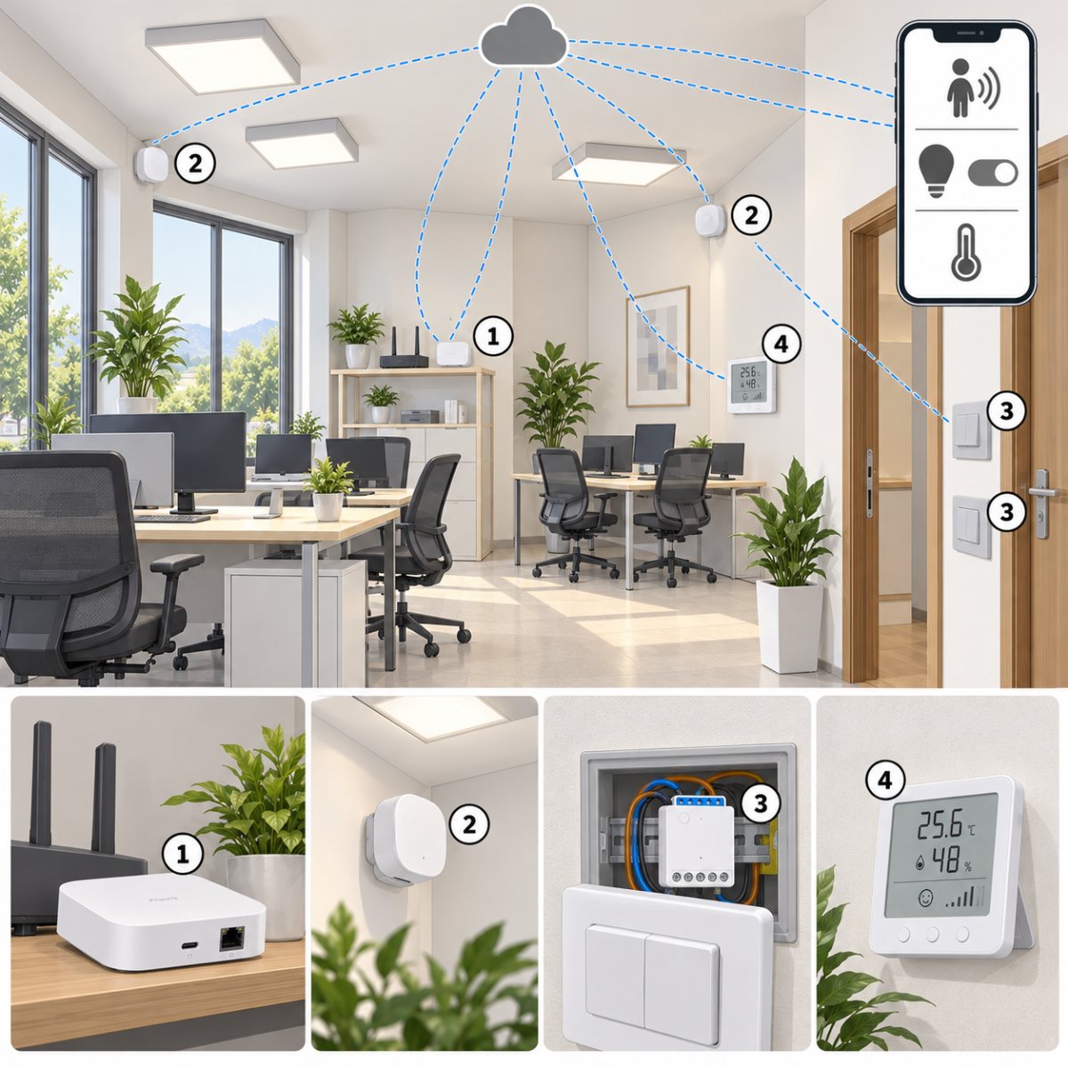 Kit ufficio piccolo – luci con presenza e clima – schema