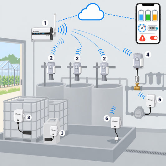 Kit vasche di fertirrigazione e concimi liquidi Litio Store: schema di installazione con dispositivi Milesight LoRaWAN
