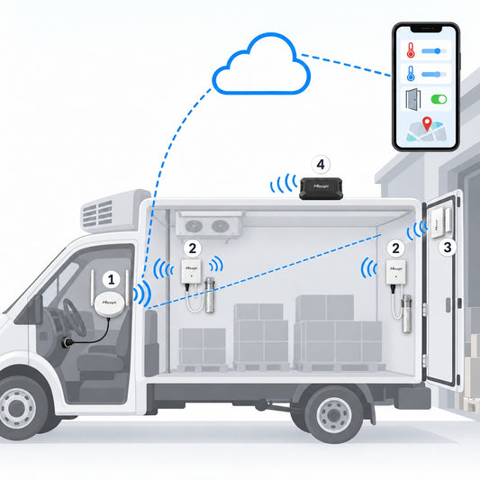 Kit veicolo refrigerato Litio Store: schema di installazione con dispositivi Milesight LoRaWAN