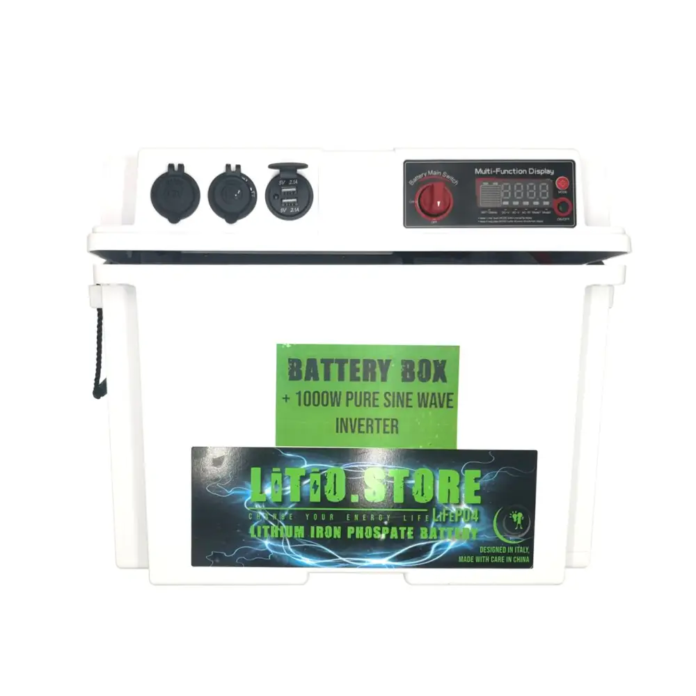 Litio Store Battery-Box 12V con 1000W Inverter onda pura integrato - prese 220V 12V 5V USB - per batterie Litio/Gel/AGM
