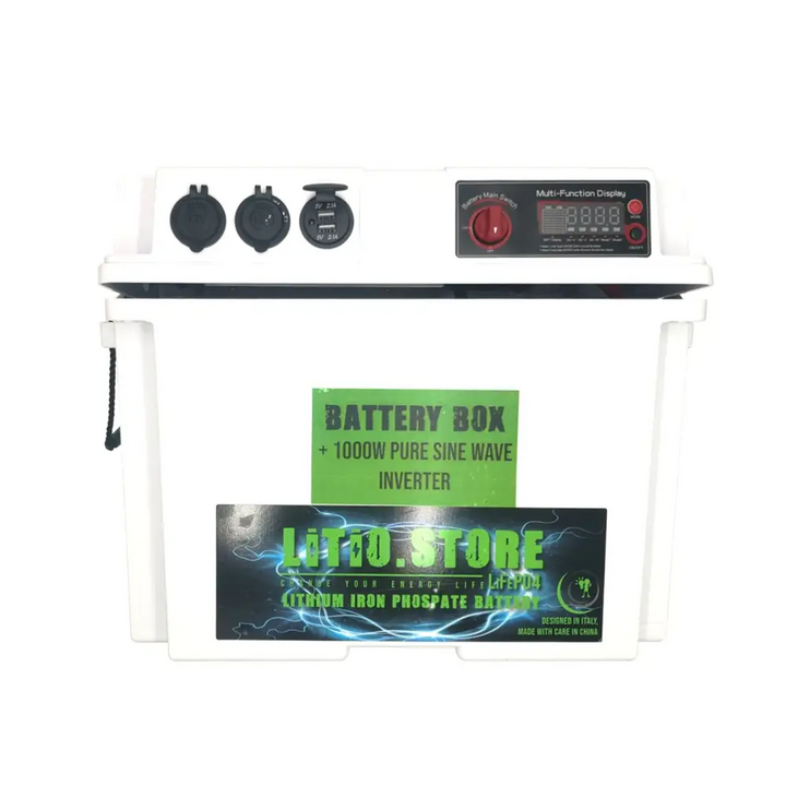 Litio Store Battery-Box 12V con 1000W Inverter onda pura integrato - prese 220V 12V 5V USB - per batterie Litio/Gel/AGM