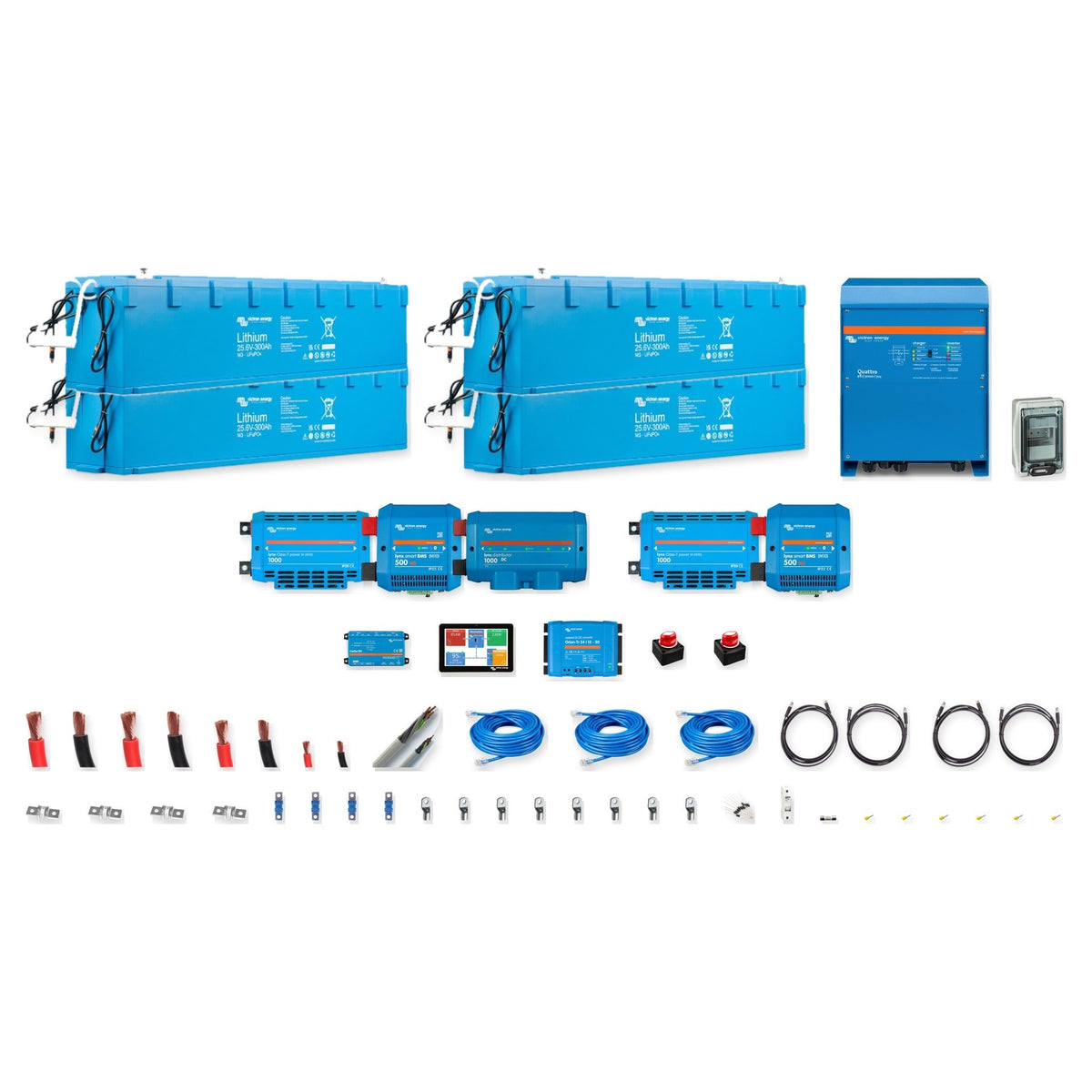Kit completo Victron Energy 24V 30kWh o 20kWh, Quattro 5kVA o 8kVA con 4 batterie Lithium NG 300Ah o 200Ah, BMS, comunicazione e protezioni – Offerta