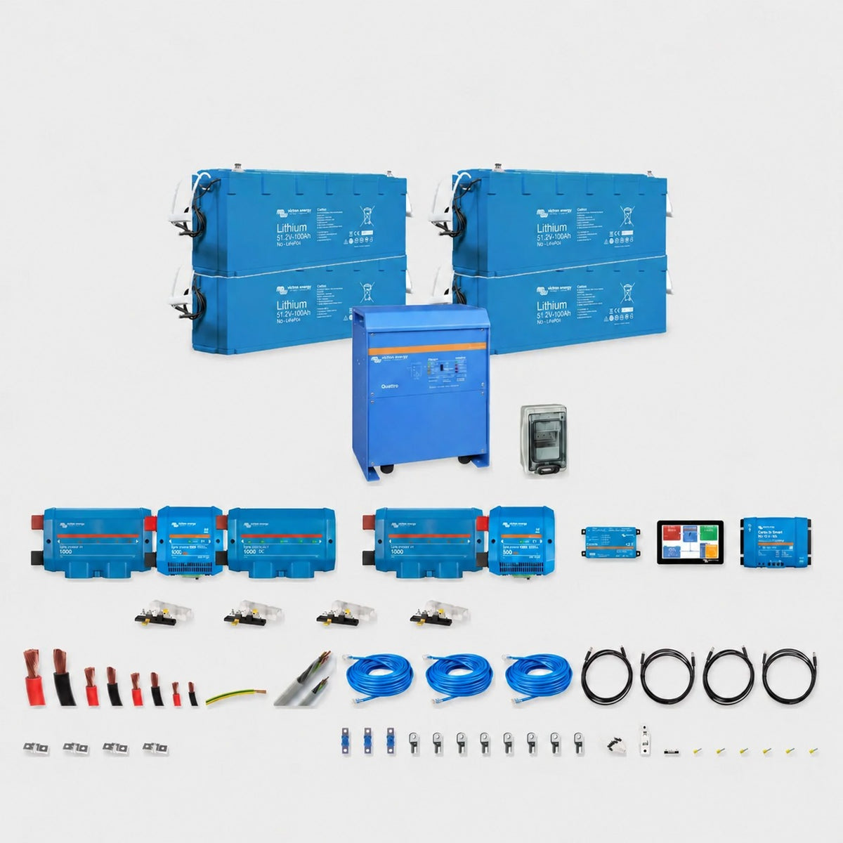 Kit completo Victron Energy 48V 20kWh inverter 10kVA, 8kVA o 6,5kVA con 4 batterie Lithium NG 51,2V 100Ah, BMS, comunicazione e protezioni – Offerta